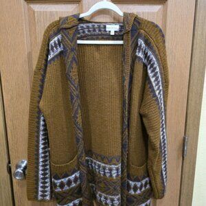 Lucky Brand Cardigan Sweater Womens XL Brown Hooded Open Front Aztec Boho Knit